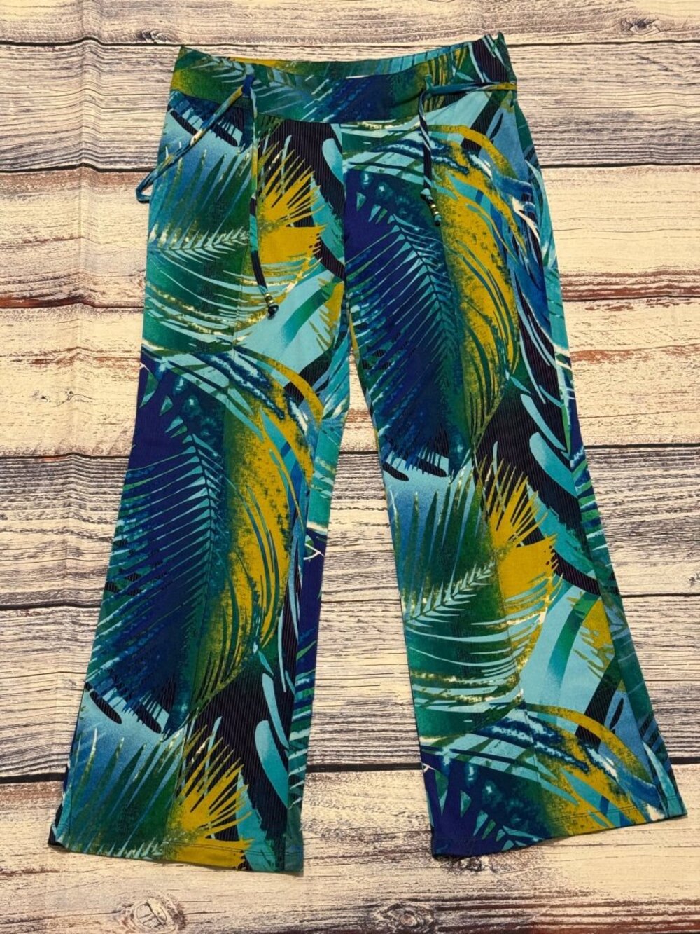 Cache Tropical Palm Leaf Print Pull On Pants Beaded Tie Waist Women’s Size 8